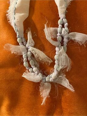 Anthropologie Pale Cream Fabric-Wrapped Bead Necklace with Tassel Knots